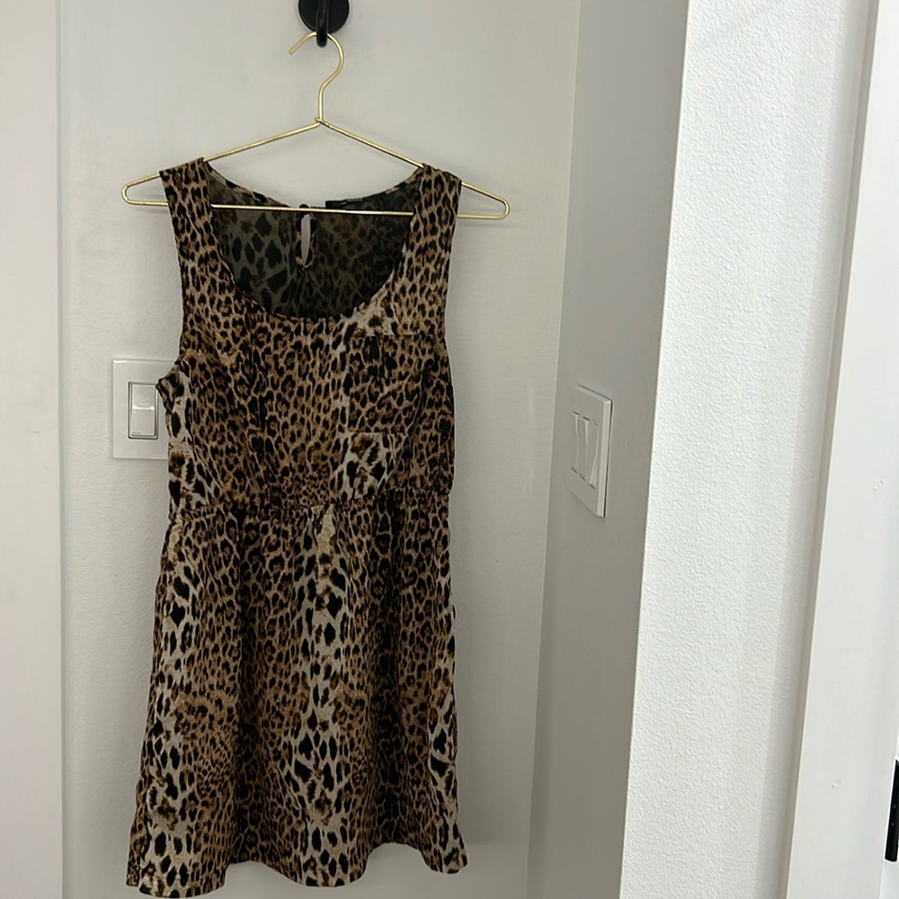 Small sleeveless leopard print dress with cinched waist and pocket